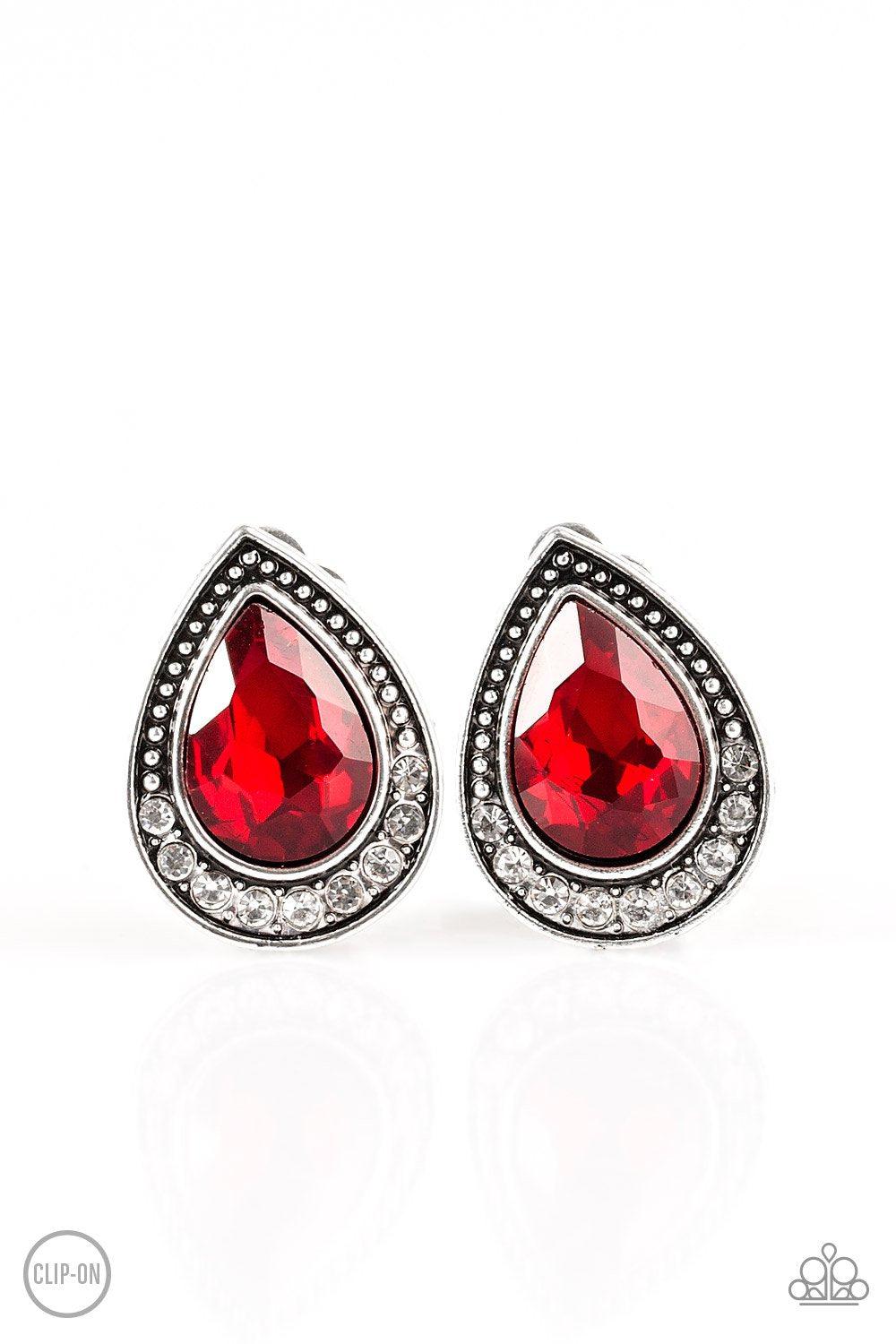 Radiantly Ravishing Red Rhinestone Clip-on Earrings - Paparazzi Accessories- lightbox - CarasShop.com - Paparazzi Jewelry by Cara Jewels
