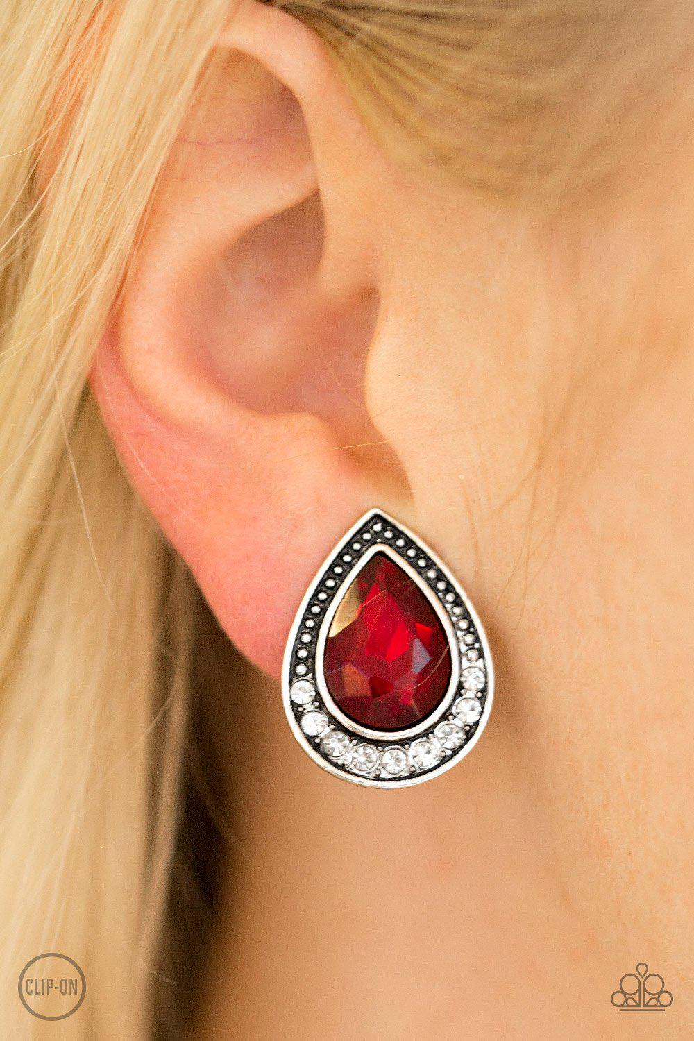Radiantly Ravishing Red Rhinestone Clip-on Earrings - Paparazzi Accessories- on model - CarasShop.com - Paparazzi Jewelry by Cara Jewels