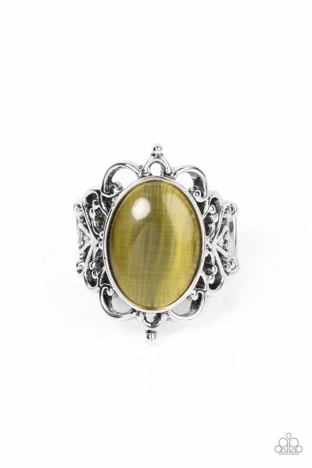 Radiantly Reminiscent Olive Green Cat's Eye Stone Ring - Paparazzi Accessories- lightbox - CarasShop.com - Paparazzi Jewelry by Cara Jewels
