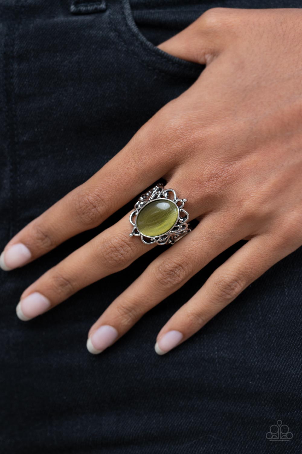 Radiantly Reminiscent Olive Green Cat's Eye Stone Ring - Paparazzi Accessories- on model - CarasShop.com - Paparazzi Jewelry by Cara Jewels