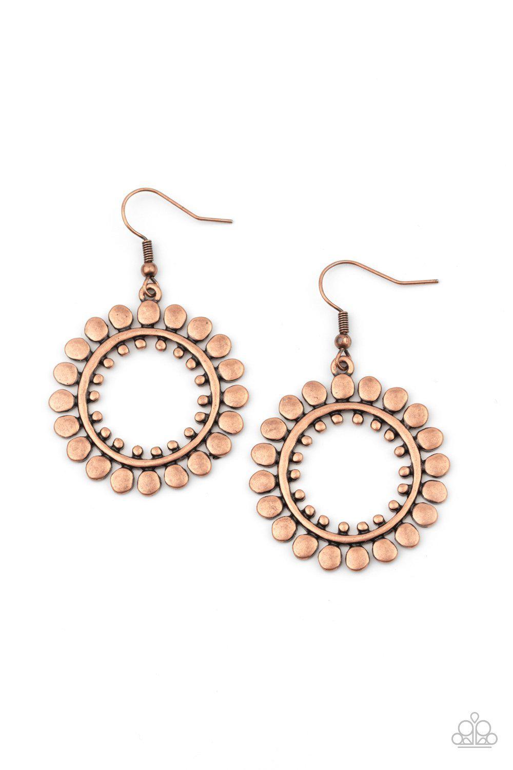 Radiating Radiance Copper Earrings - Paparazzi Accessories- on model - CarasShop.com - Paparazzi Jewelry by Cara Jewels