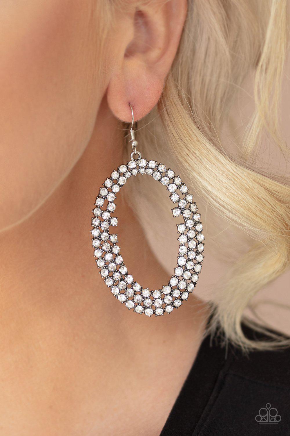 Radical Razzle White Rhinestone Earrings - Paparazzi Accessories- lightbox - CarasShop.com - Paparazzi Jewelry by Cara Jewels
