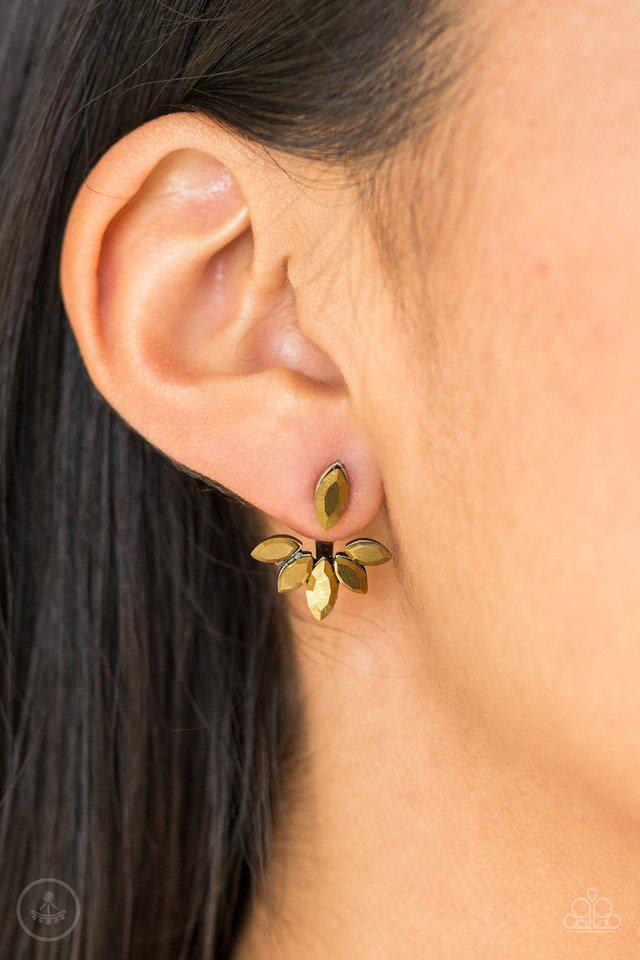 Radical Refinement Brass Jacket Earrings - Paparazzi Accessories- on model - CarasShop.com - Paparazzi Jewelry by Cara Jewels