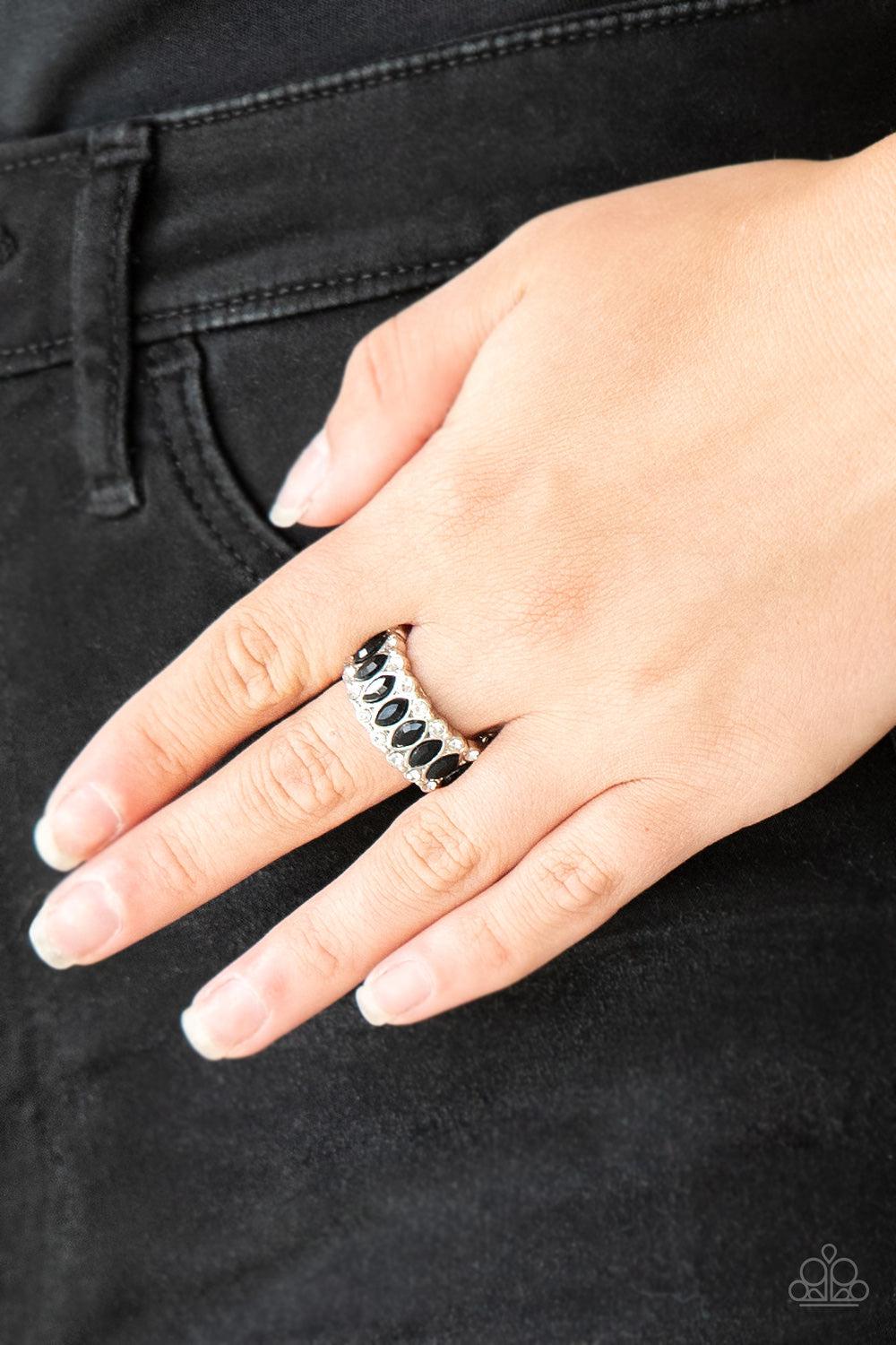 Radical Riches Black and White Rhinestone Ring - Paparazzi Accessories- on model - CarasShop.com - Paparazzi Jewelry by Cara Jewels