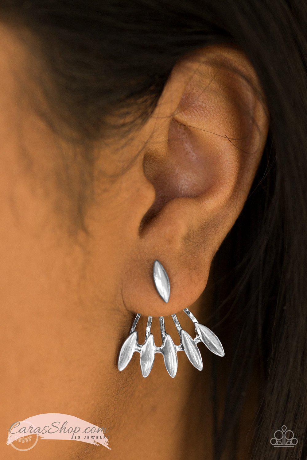Radically Rebel Silver double-sided Post Earrings - Paparazzi Accessories- on model - CarasShop.com - Paparazzi Jewelry by Cara Jewels