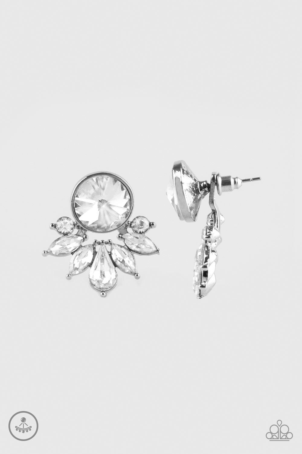 Radically Royal White Rhinestone Double-sided post Earrings - Paparazzi Accessories- lightbox - CarasShop.com - Paparazzi Jewelry by Cara Jewels