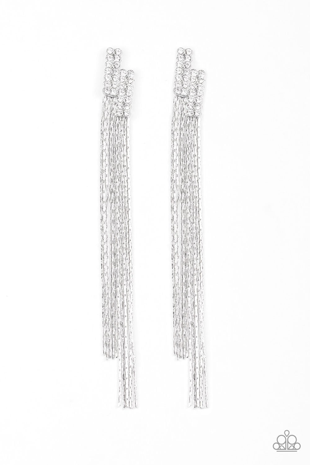 Radio Waves White Rhinestone Chain Earrings - Paparazzi Accessories- lightbox - CarasShop.com - Paparazzi Jewelry by Cara Jewels