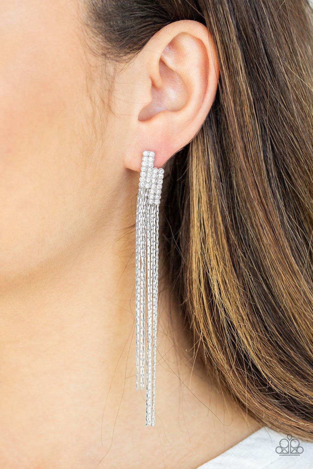 Radio Waves White Rhinestone Chain Earrings - Paparazzi Accessories- on model - CarasShop.com - Paparazzi Jewelry by Cara Jewels