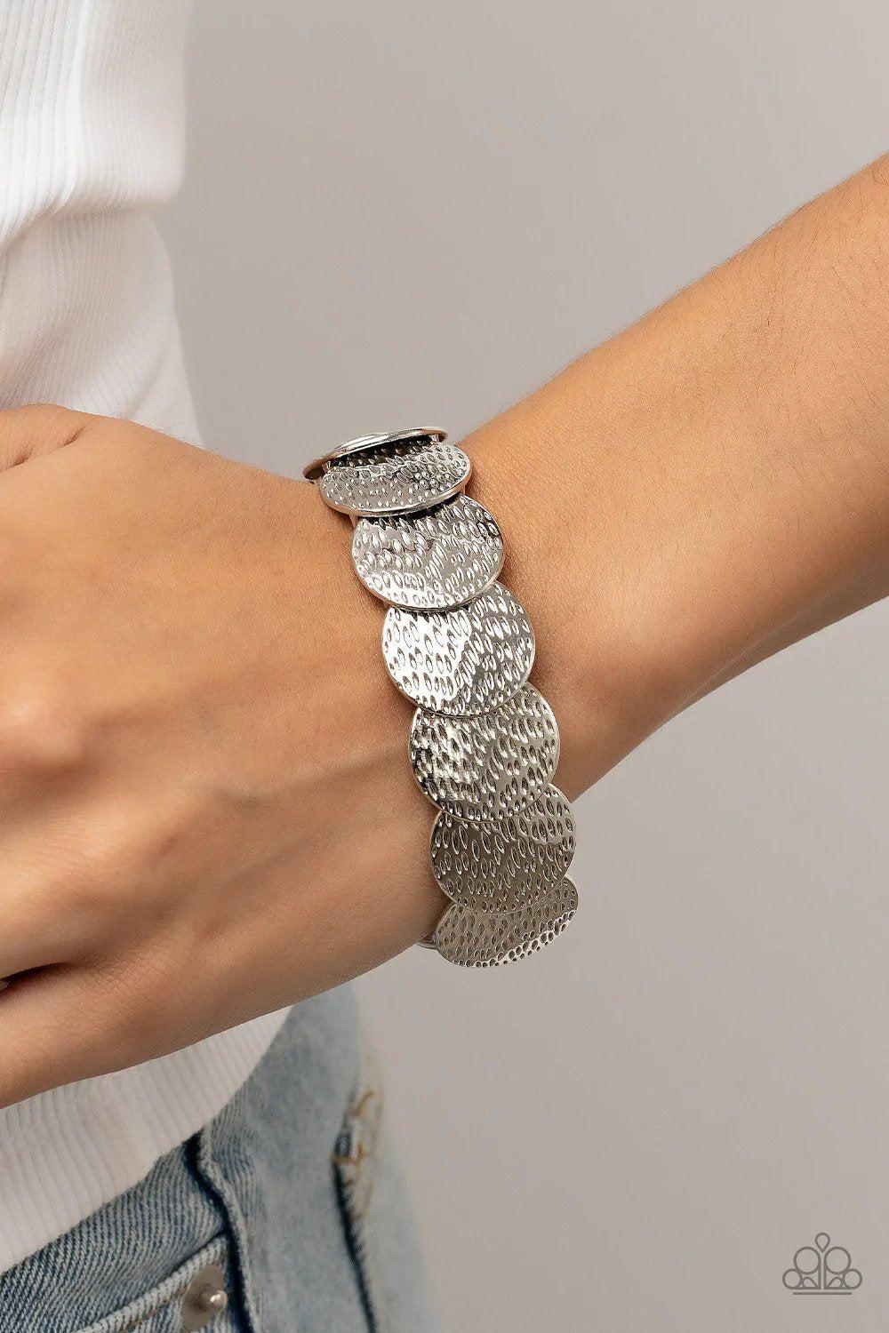 Radioactive Reflections Silver Bracelet - Paparazzi Accessories- on model - CarasShop.com - Paparazzi Jewelry by Cara Jewels