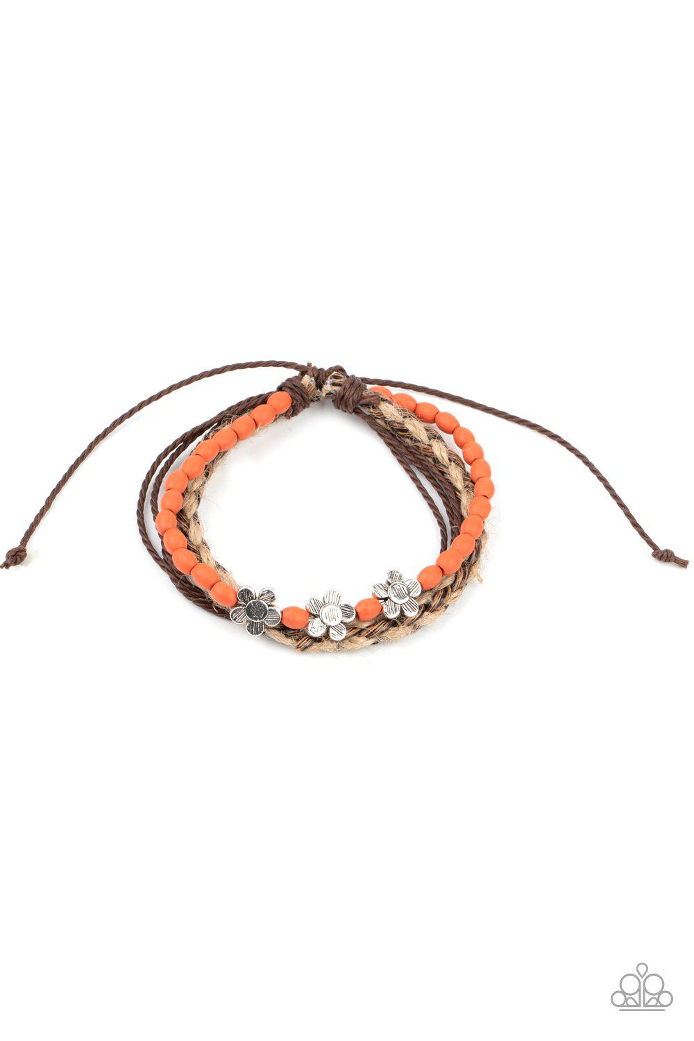 Raffia Remix Orange Wood and Silver Flower Urban Sliding Knot Bracelet - Paparazzi Accessories- lightbox - CarasShop.com - Paparazzi Jewelry by Cara Jewels
