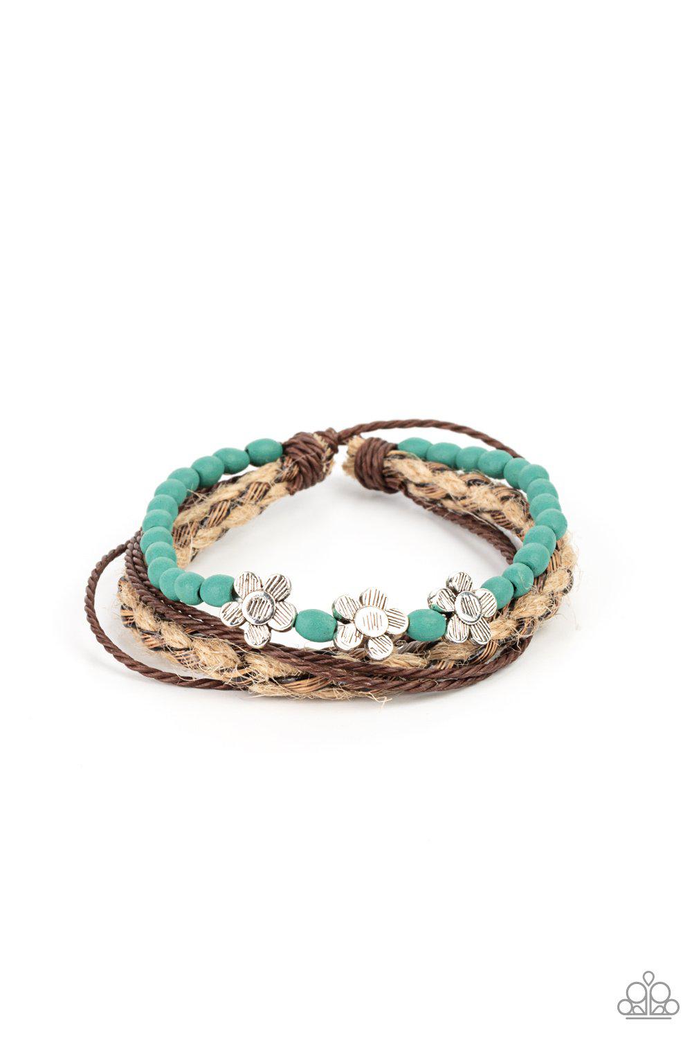 Raffia Remix Turquoise Blue Wood and Silver Flower Sliding Knot Bracelet - Paparazzi Accessories- lightbox - CarasShop.com - Paparazzi Jewelry by Cara Jewels