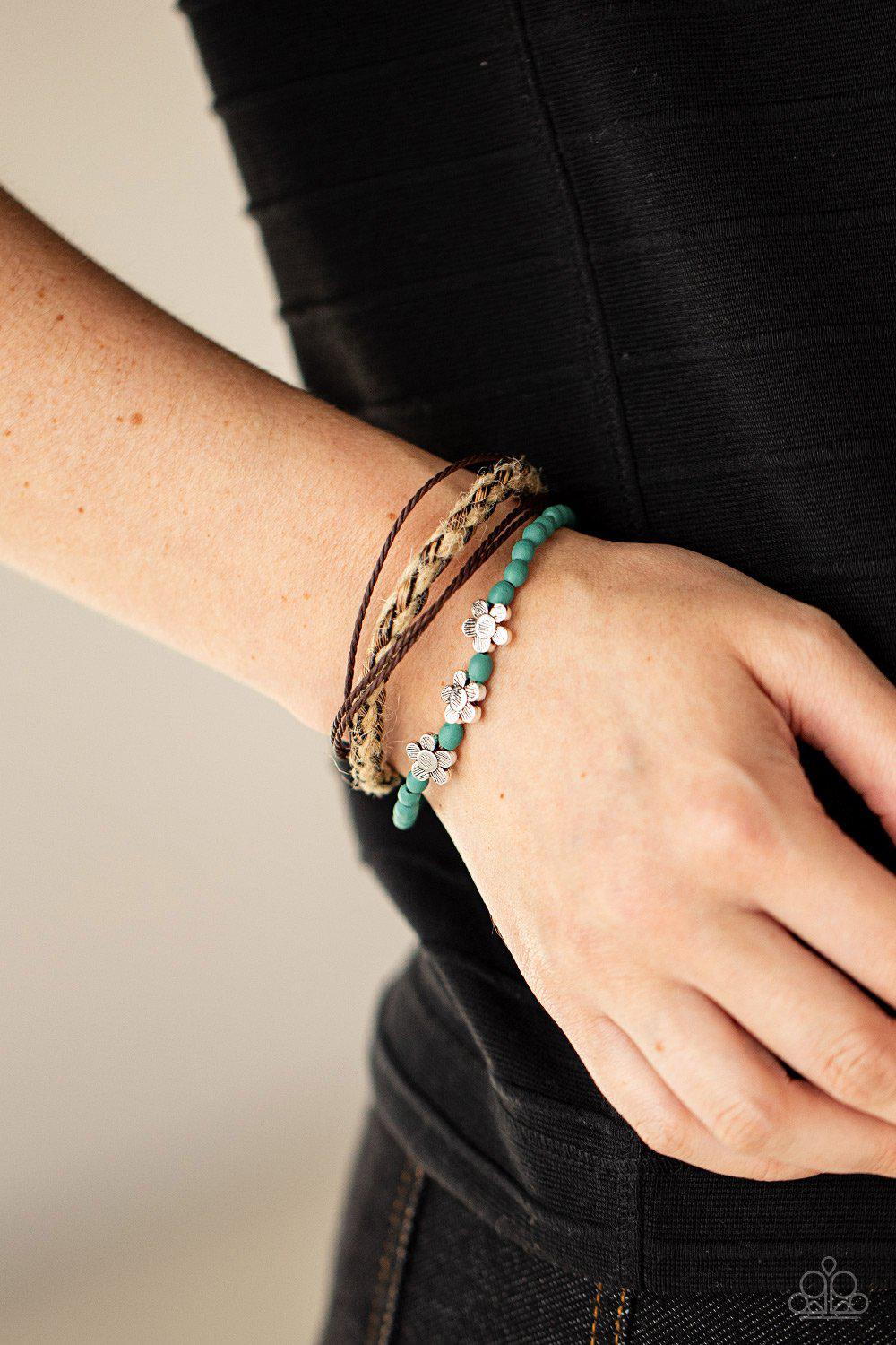 Raffia Remix Turquoise Blue Wood and Silver Flower Sliding Knot Bracelet - Paparazzi Accessories- on model - CarasShop.com - Paparazzi Jewelry by Cara Jewels