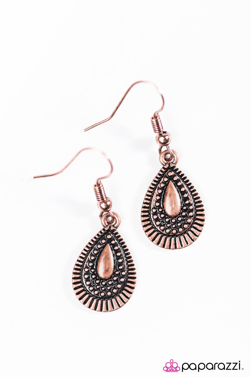 Rain Parade Copper Teardrop Earrings - Paparazzi Accessories- on model - CarasShop.com - Paparazzi Jewelry by Cara Jewels