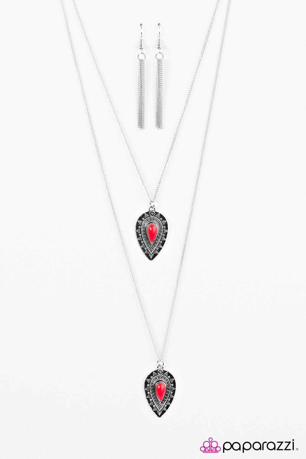 Rainbow Rainforest Red and Silver Necklace - Paparazzi Accessories - free matching earrings -CarasShop.com - Paparazzi Jewelry by Cara Jewels