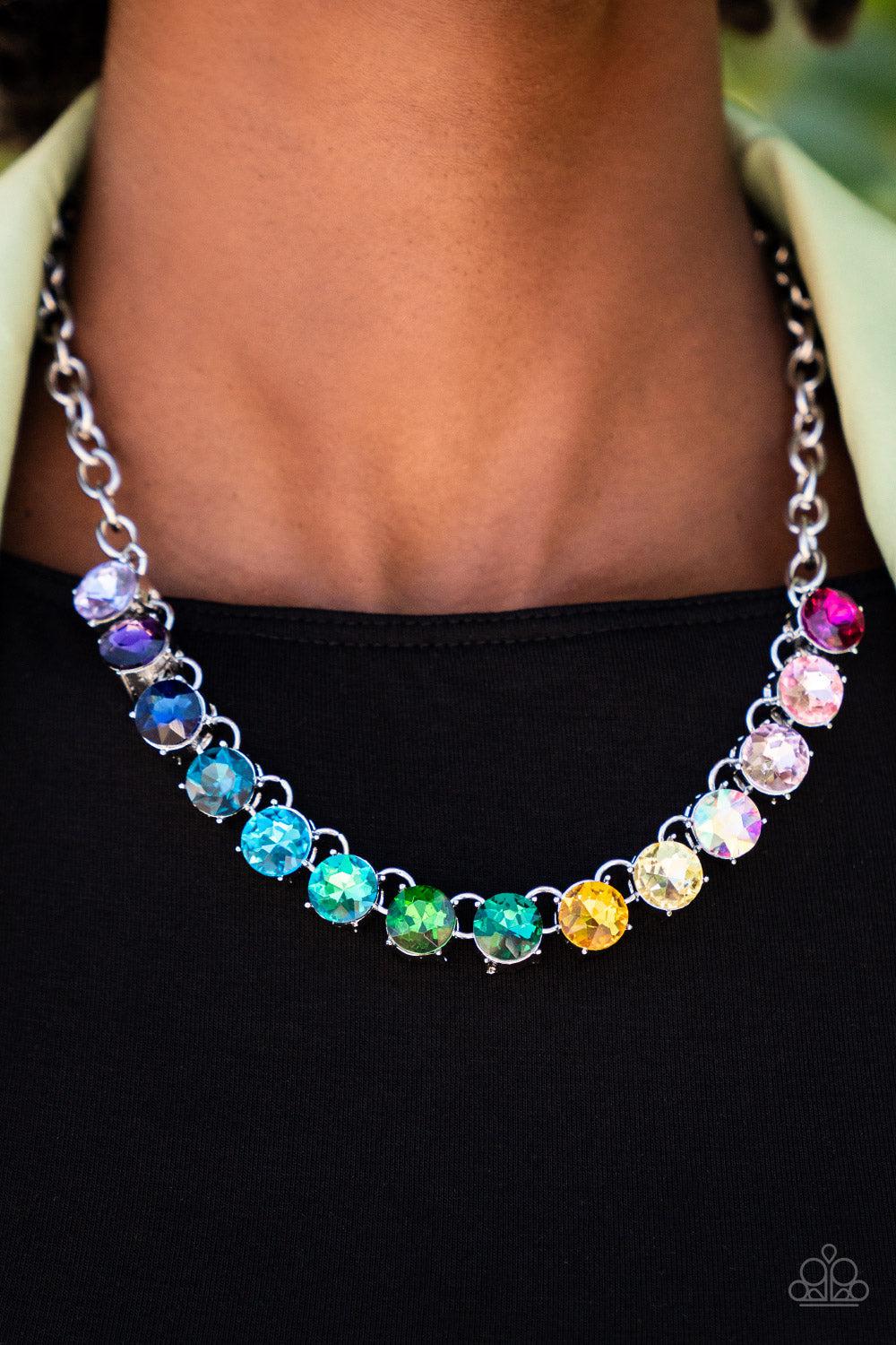 Rainbow Resplendence Multi Rainbow Rhinestone Necklace - Paparazzi Accessories- on model - CarasShop.com - Paparazzi Jewelry by Cara Jewels