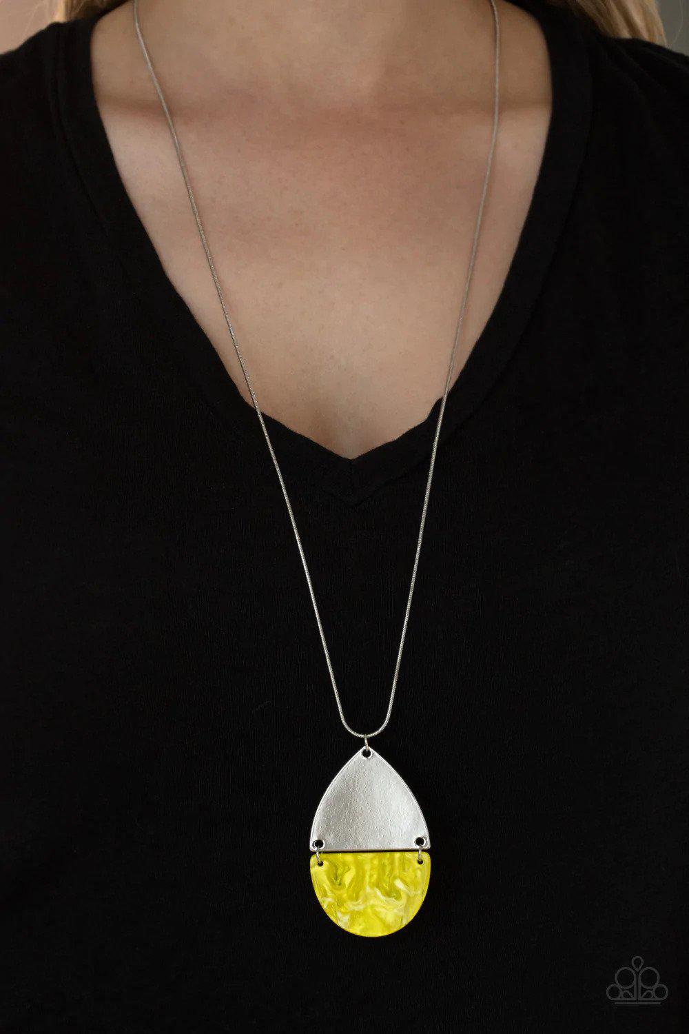 Rainbow Shores Yellow Necklace - Paparazzi Accessories- on model - CarasShop.com - Paparazzi Jewelry by Cara Jewels