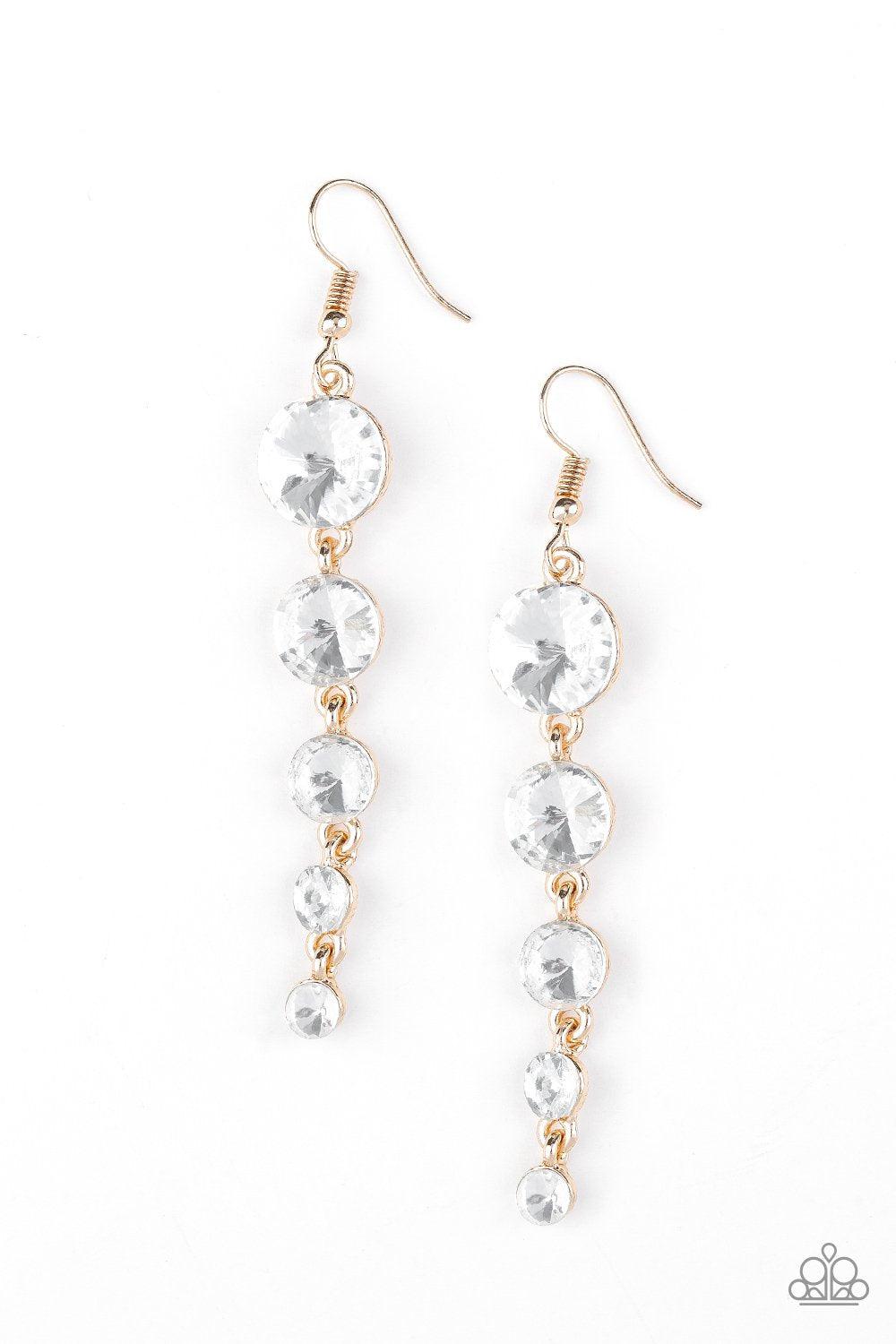 Raining Rhinestones Gold and White Gem Earrings - Paparazzi Accessories- lightbox - CarasShop.com - Paparazzi Jewelry by Cara Jewels
