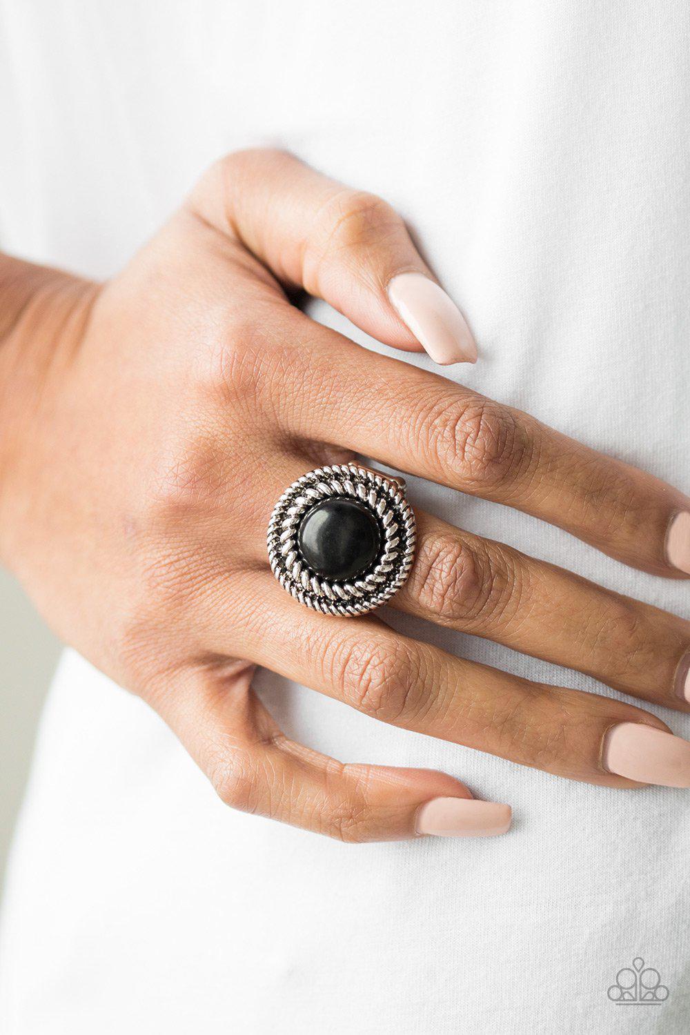 Rare Minerals Black Stone and Silver Ring - Paparazzi Accessories- on model - CarasShop.com - Paparazzi Jewelry by Cara Jewels