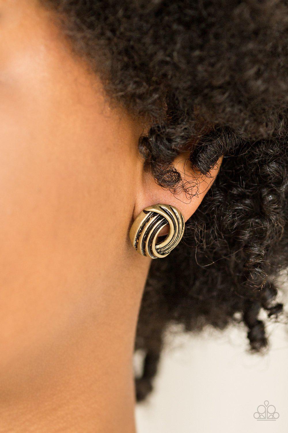 Rare Refinement Brass Post Earrings - Paparazzi Accessories- on model - CarasShop.com - Paparazzi Jewelry by Cara Jewels