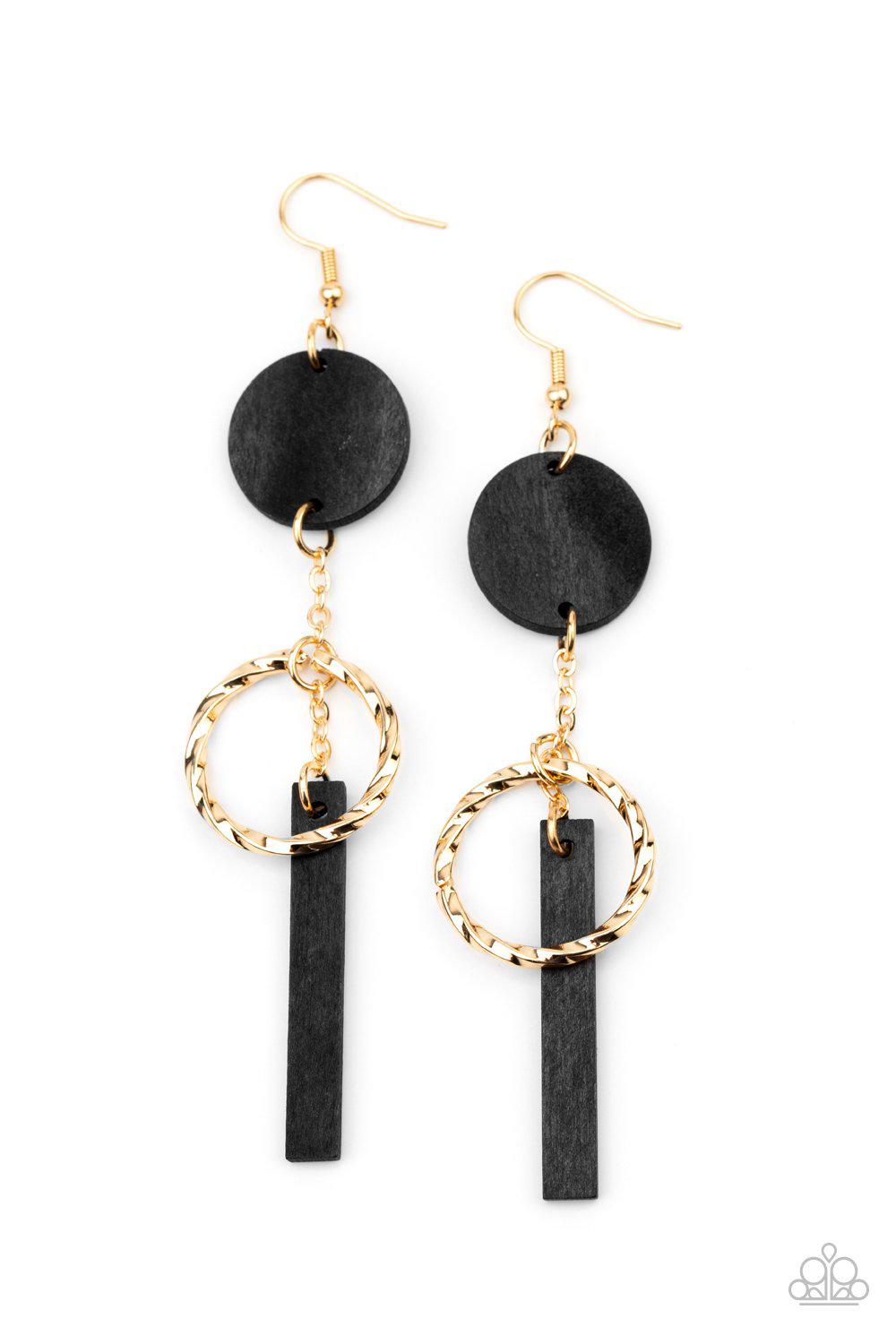Raw Refinement Black Wood and Gold Earrings - Paparazzi Accessories- on model - CarasShop.com - Paparazzi Jewelry by Cara Jewels