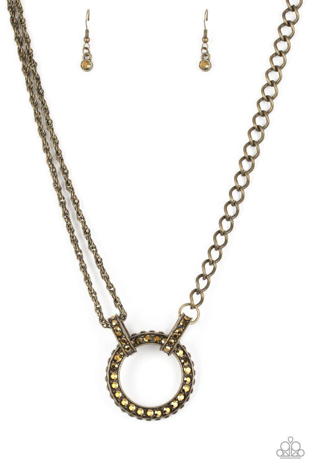 Razzle Dazzle Brass Necklace - Paparazzi Accessories- on model - CarasShop.com - Paparazzi Jewelry by Cara Jewels