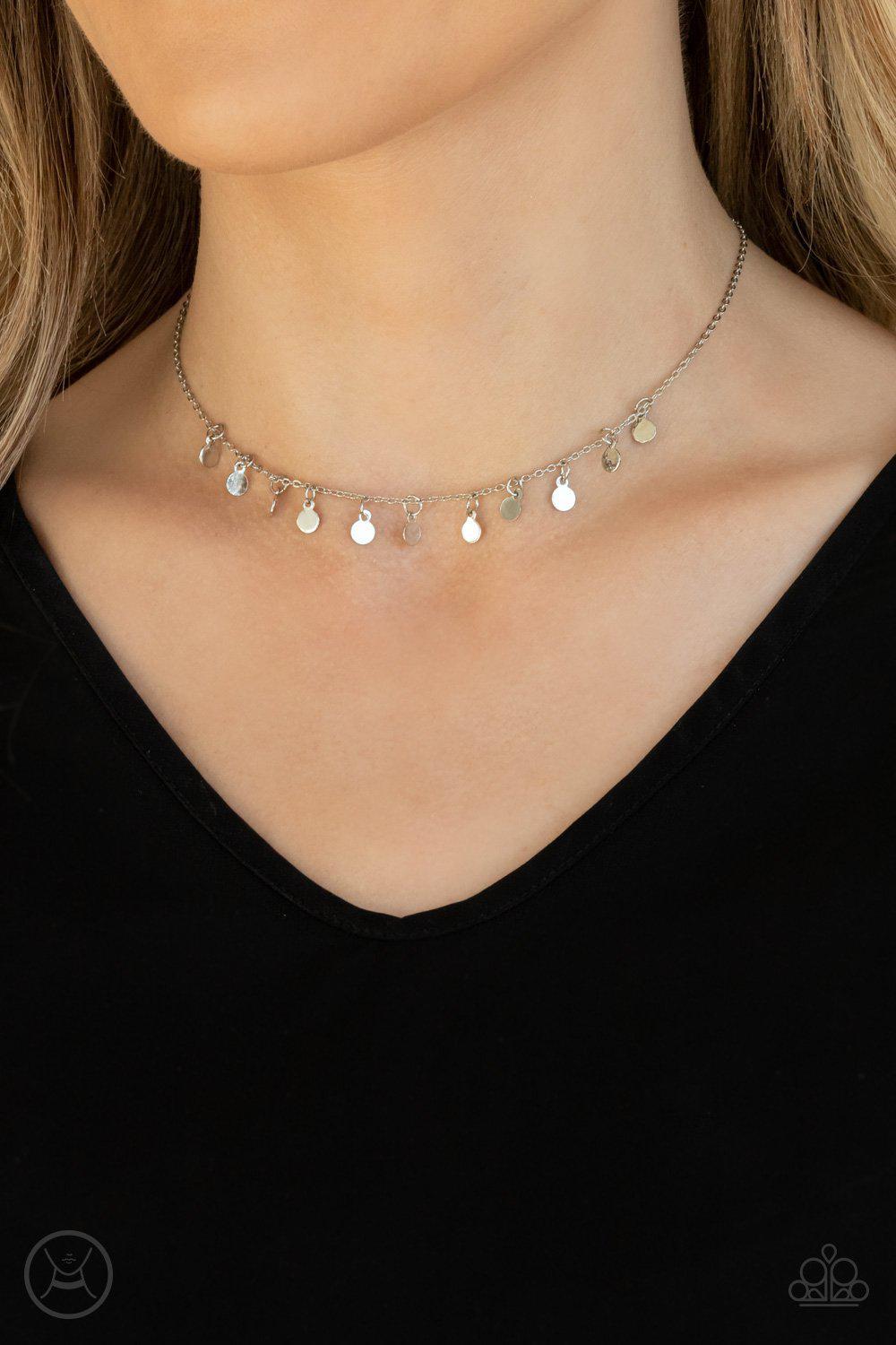 Ready, Set, DISCO! Silver Choker Necklace - Paparazzi Accessories- on model - CarasShop.com - Paparazzi Jewelry by Cara Jewels