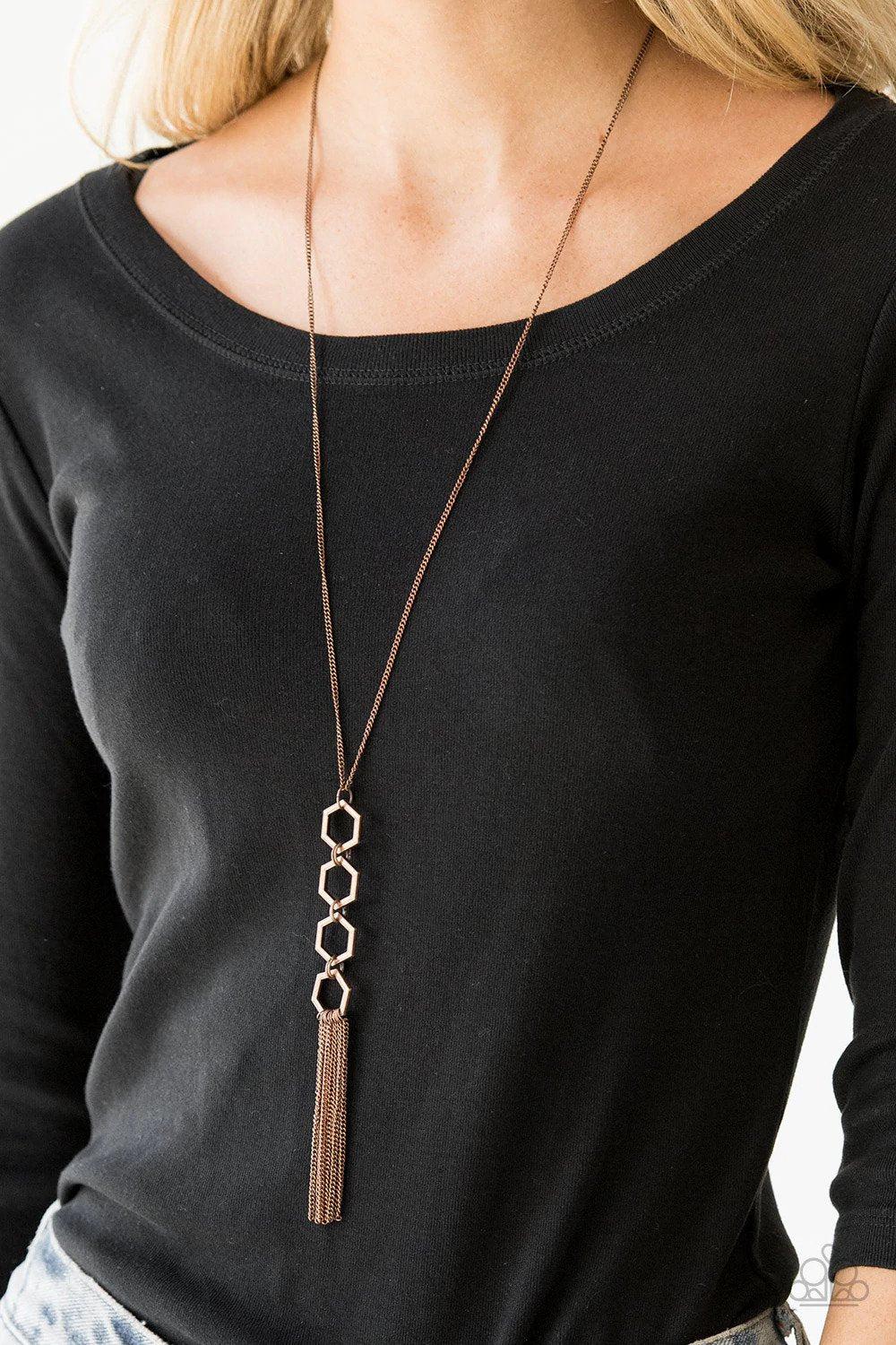 Ready Set GEO Copper Necklace - Paparazzi Accessories- on model - CarasShop.com - Paparazzi Jewelry by Cara Jewels