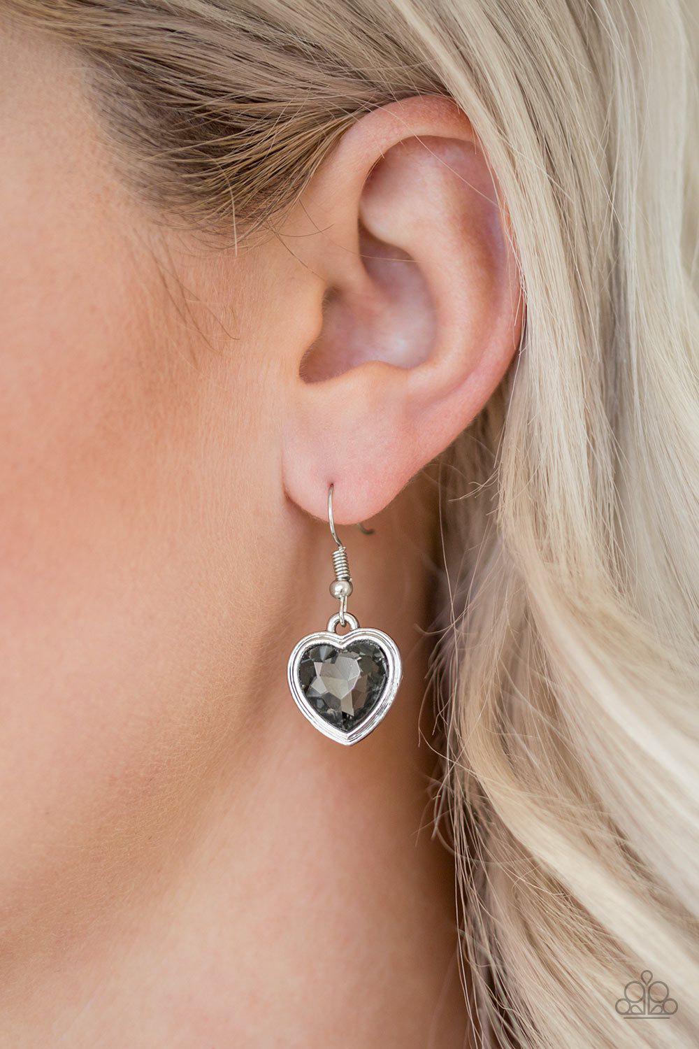 Real Romance Silver Smoky Gem Heart Earrings - Paparazzi Accessories- lightbox - CarasShop.com - Paparazzi Jewelry by Cara Jewels