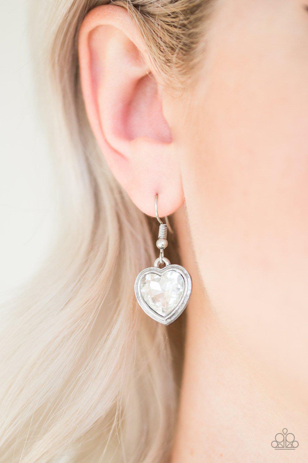 Real Romance White Rhinestone Heart Earrings - Paparazzi Accessories- lightbox - CarasShop.com - Paparazzi Jewelry by Cara Jewels
