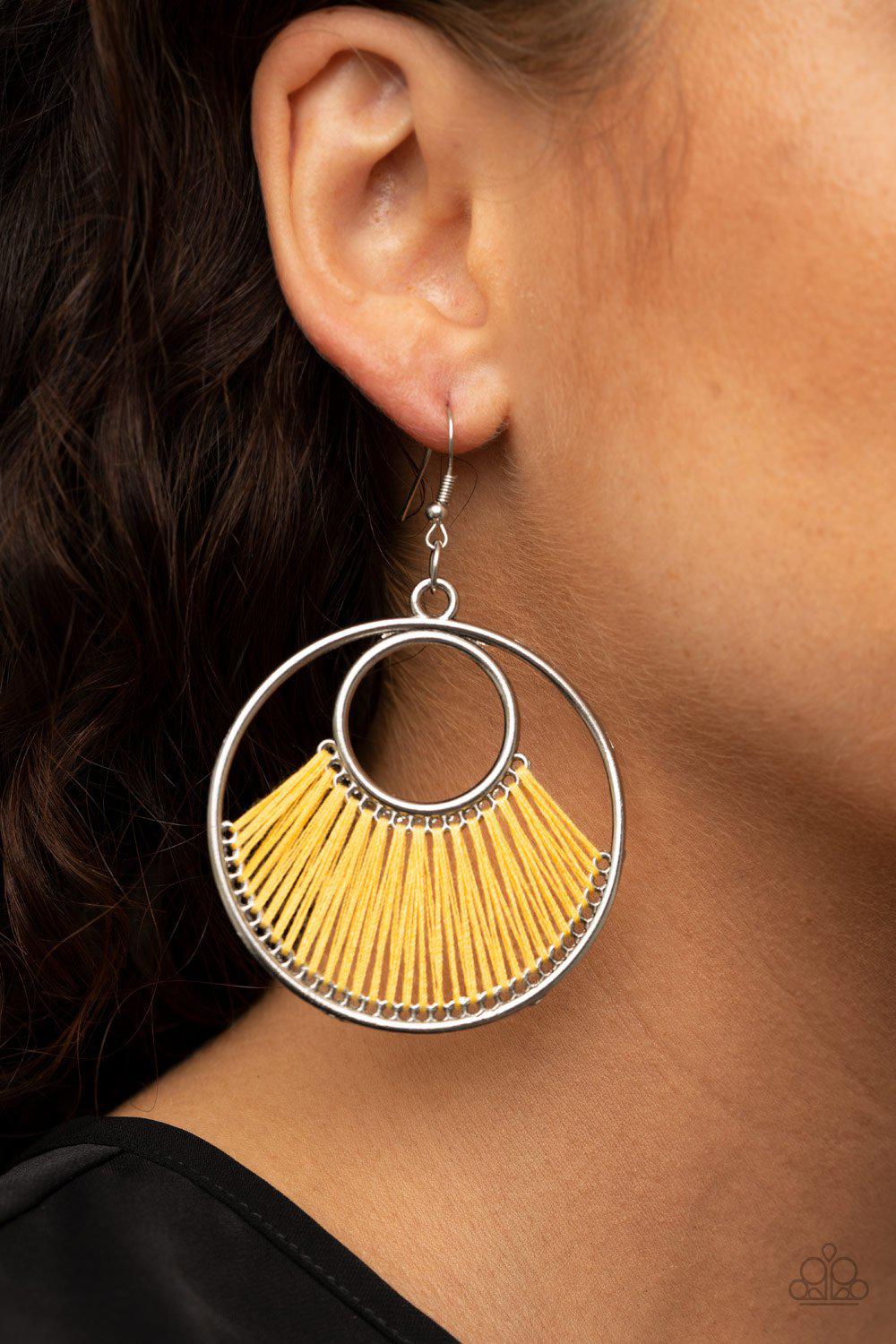 Really High-Strung Yellow Thread and Silver Earrings - Paparazzi Accessories- lightbox - CarasShop.com - Paparazzi Jewelry by Cara Jewels