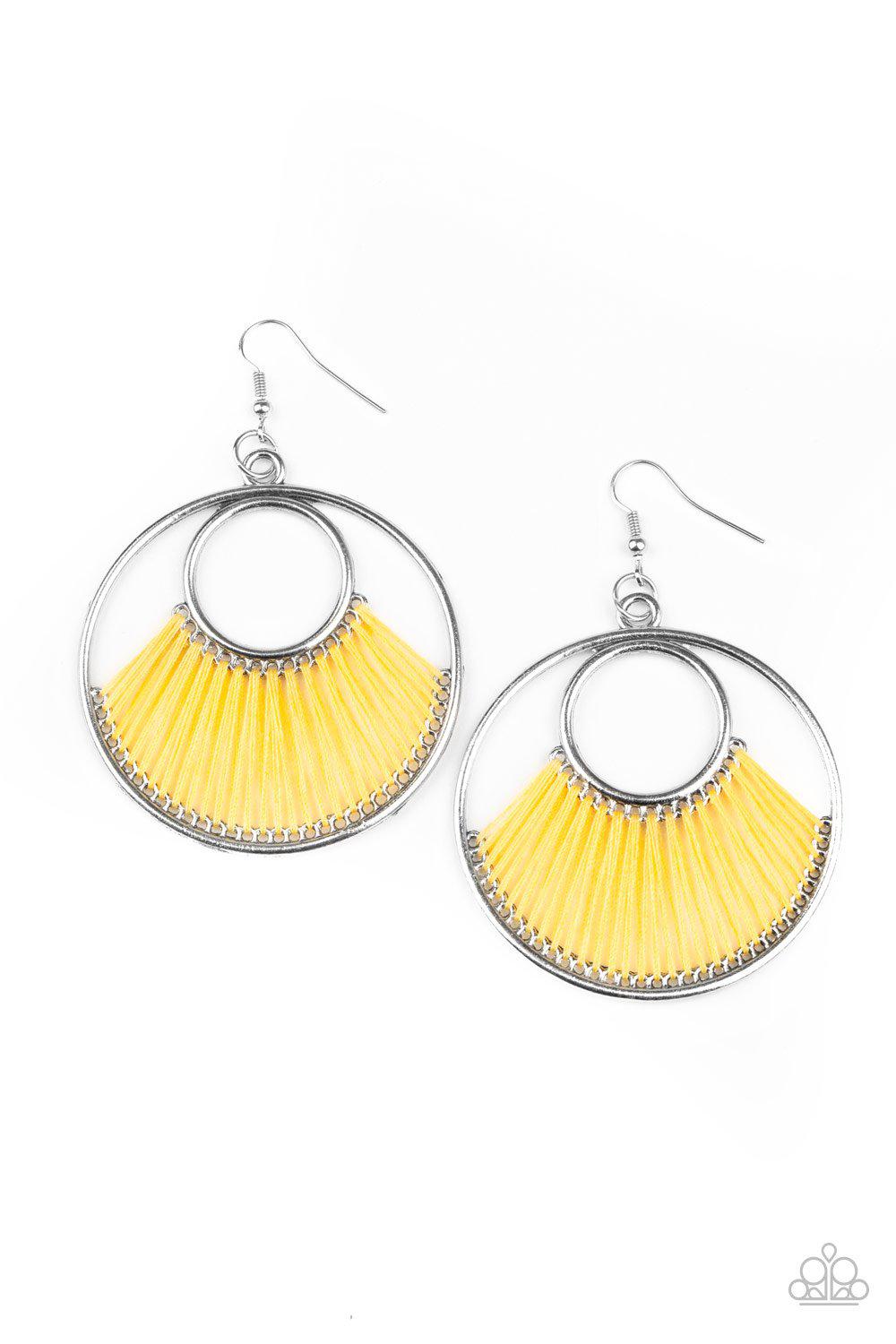 Really High-Strung Yellow Thread and Silver Earrings - Paparazzi Accessories- on model - CarasShop.com - Paparazzi Jewelry by Cara Jewels