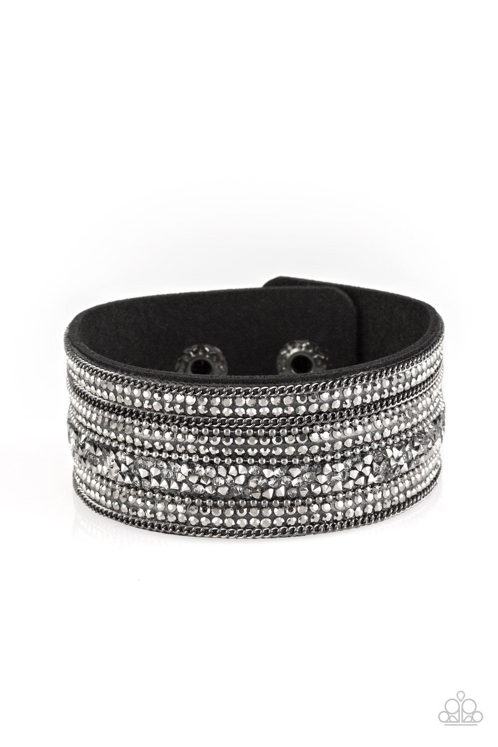 Really Rock Band Black and Gunmetal Urban Wrap Snap Bracelet - Paparazzi Accessories- on model - CarasShop.com - Paparazzi Jewelry by Cara Jewels