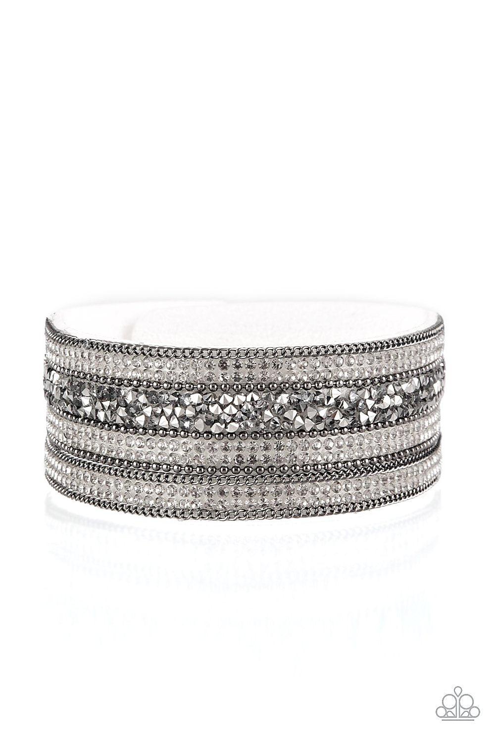 Really Rock Band White and Gunmetal Urban Wrap Snap Bracelet - Paparazzi Accessories- lightbox - CarasShop.com - Paparazzi Jewelry by Cara Jewels