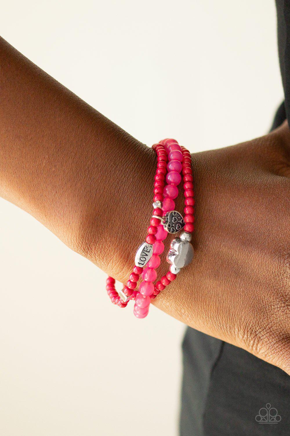 Really Romantic Hot Pink and Silver Heart Stretch Bracelet Set - Paparazzi Accessories- lightbox - CarasShop.com - Paparazzi Jewelry by Cara Jewels