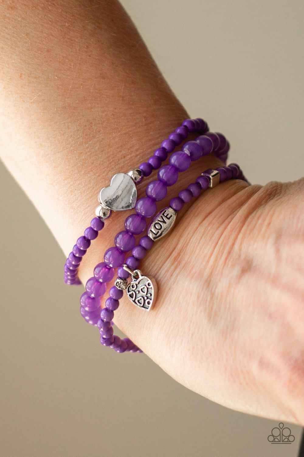 Really Romantic Purple and Silver Heart Stretch Bracelet Set - Paparazzi Accessories- lightbox - CarasShop.com - Paparazzi Jewelry by Cara Jewels