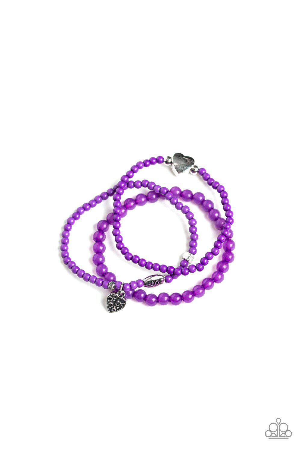 Really Romantic Purple and Silver Heart Stretch Bracelet Set - Paparazzi Accessories- on model - CarasShop.com - Paparazzi Jewelry by Cara Jewels