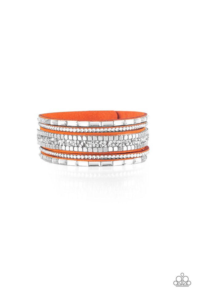 Rebel in Rhinestones Orange Wrap Snap Bracelet - Paparazzi Accessories- lightbox - CarasShop.com - Paparazzi Jewelry by Cara Jewels