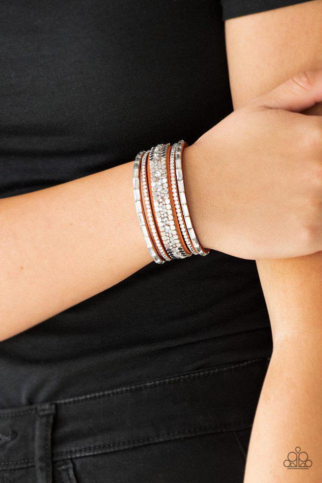 Rebel in Rhinestones Orange Wrap Snap Bracelet - Paparazzi Accessories- lightbox - CarasShop.com - Paparazzi Jewelry by Cara Jewels