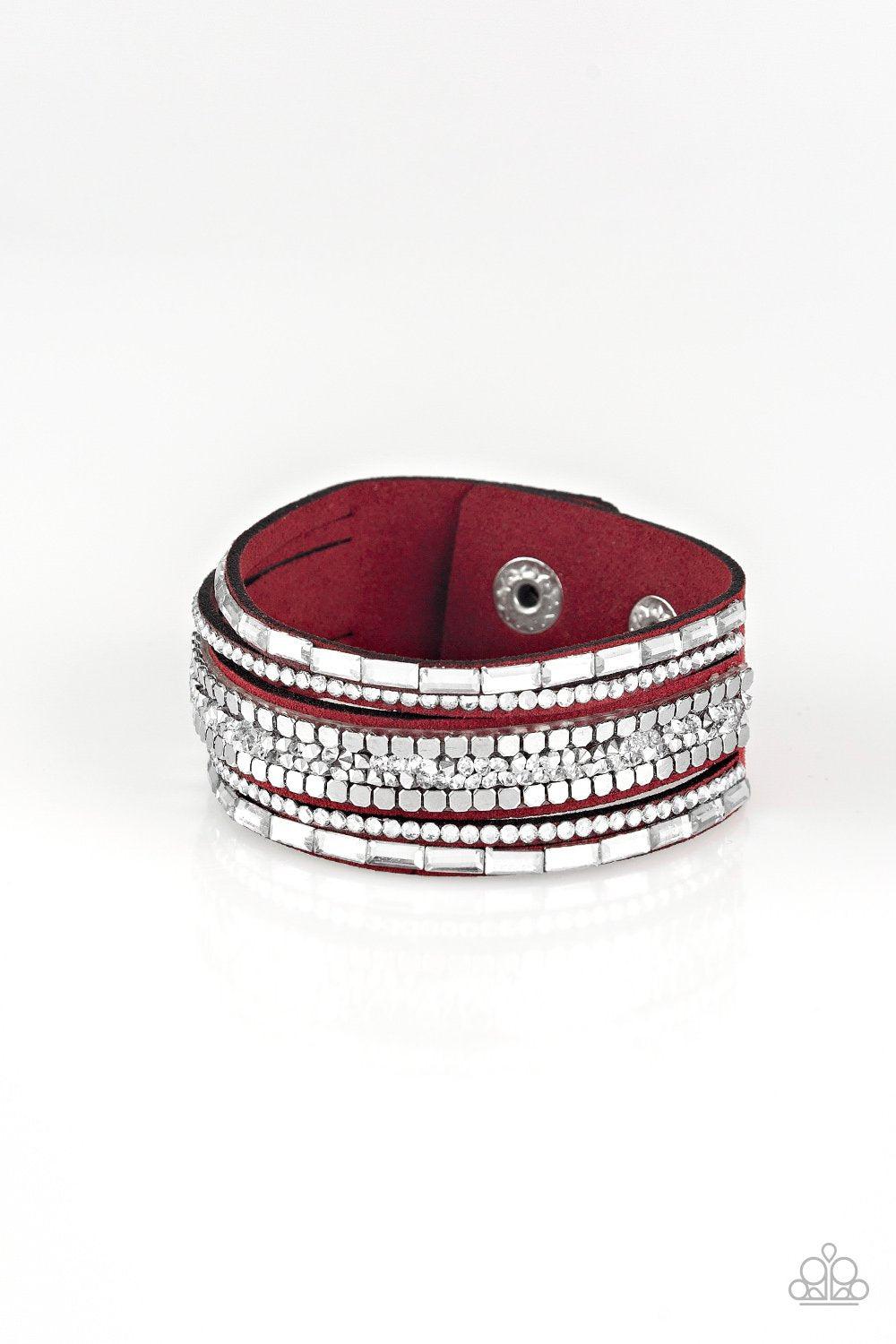 Rebel In Rhinestones Red Wrap Snap Bracelet - Paparazzi Accessories- lightbox - CarasShop.com - Paparazzi Jewelry by Cara Jewels