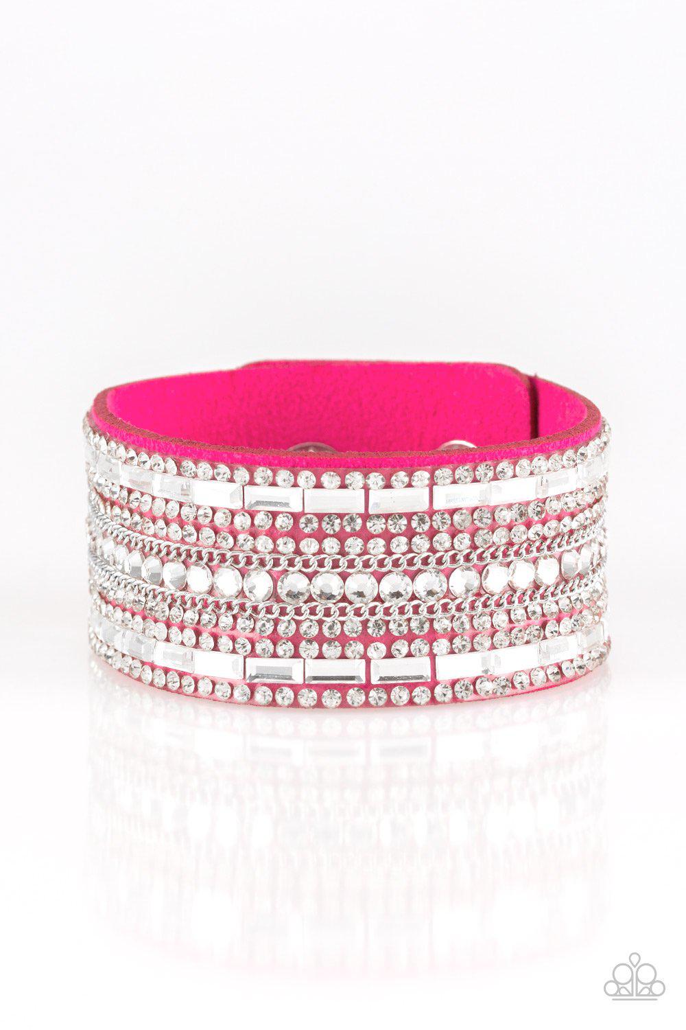 Rebel Radiance Pink and White Rhinestone Urban Wrap Snap Bracelet - Paparazzi Accessories- lightbox - CarasShop.com - Paparazzi Jewelry by Cara Jewels