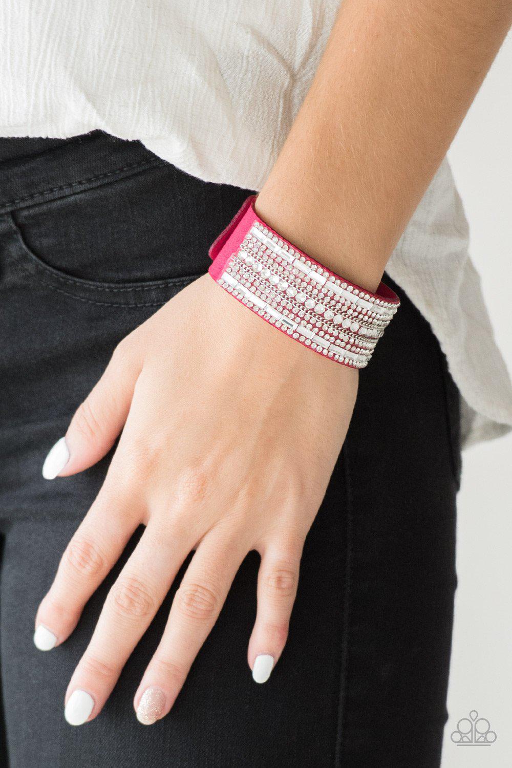 Rebel Radiance Pink and White Rhinestone Urban Wrap Snap Bracelet - Paparazzi Accessories- on model - CarasShop.com - Paparazzi Jewelry by Cara Jewels
