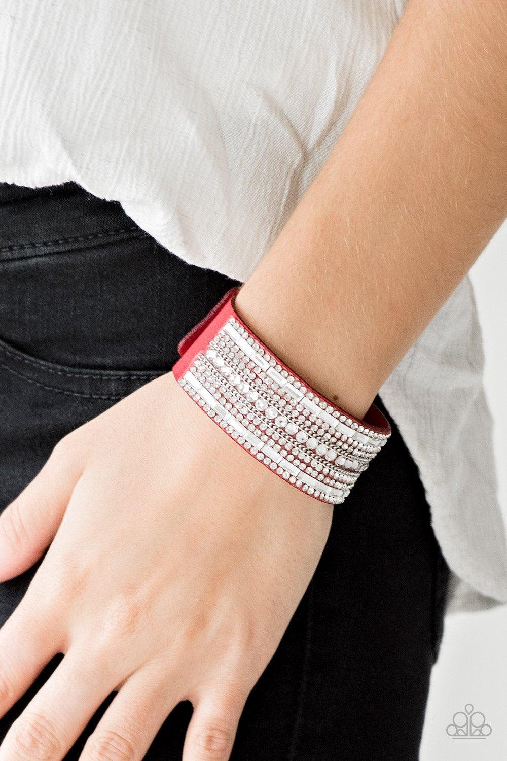 Rebel Radiance Red Wrap Snap Bracelet - Paparazzi Accessories- on model - CarasShop.com - Paparazzi Jewelry by Cara Jewels