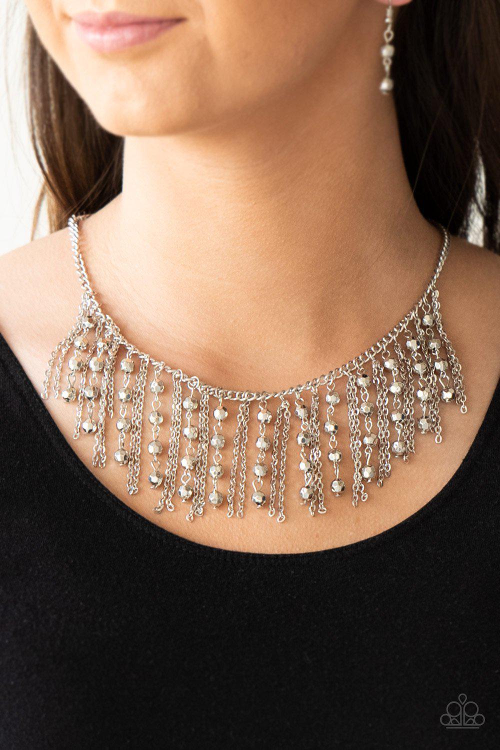 Rebel Remix Silver Fringe Necklace - Paparazzi Accessories- on model - CarasShop.com - Paparazzi Jewelry by Cara Jewels