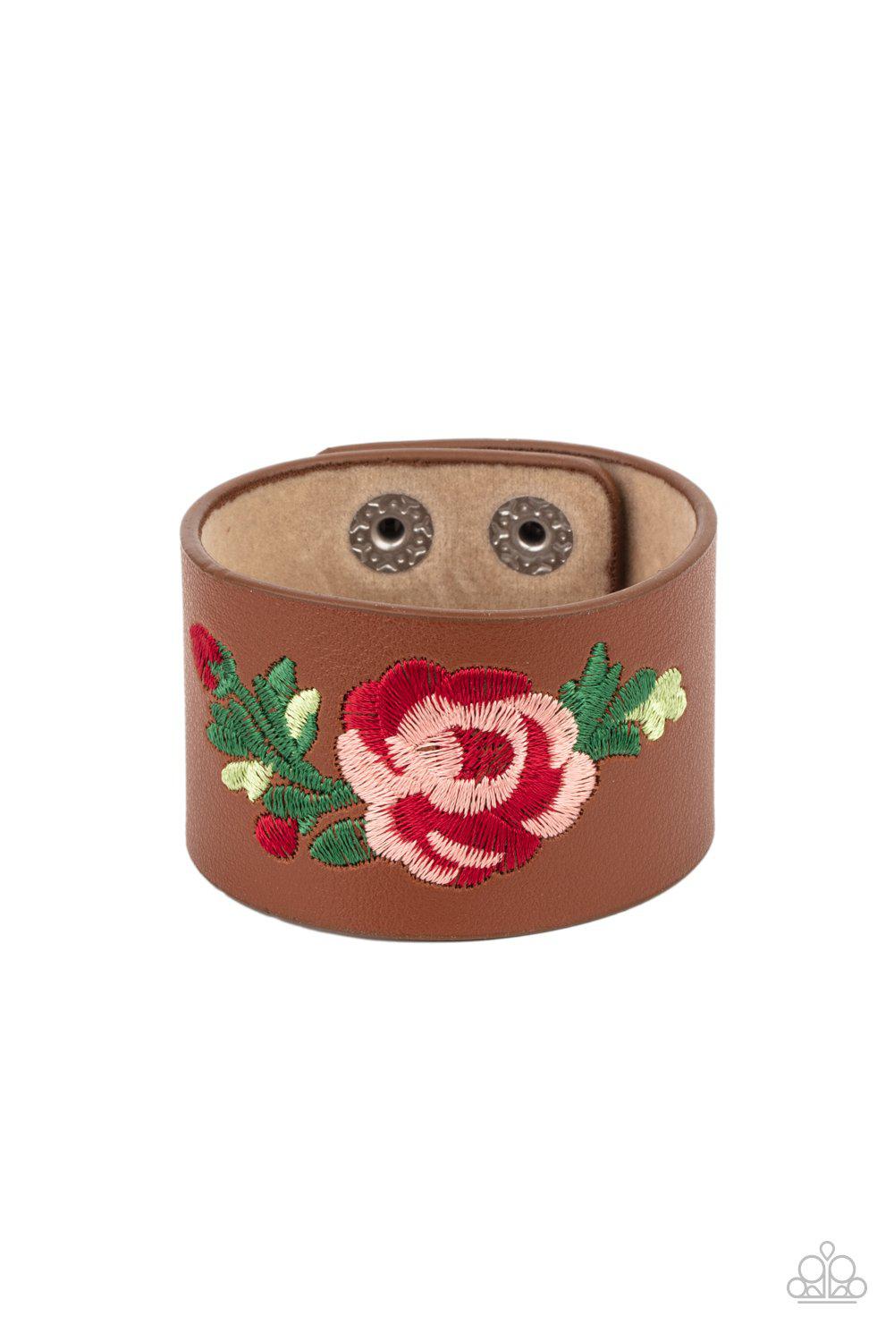 Rebel Rose Brown Leather and Red Rose Floral Urban Wrap Snap Bracelet - Paparazzi Accessories- lightbox - CarasShop.com - Paparazzi Jewelry by Cara Jewels
