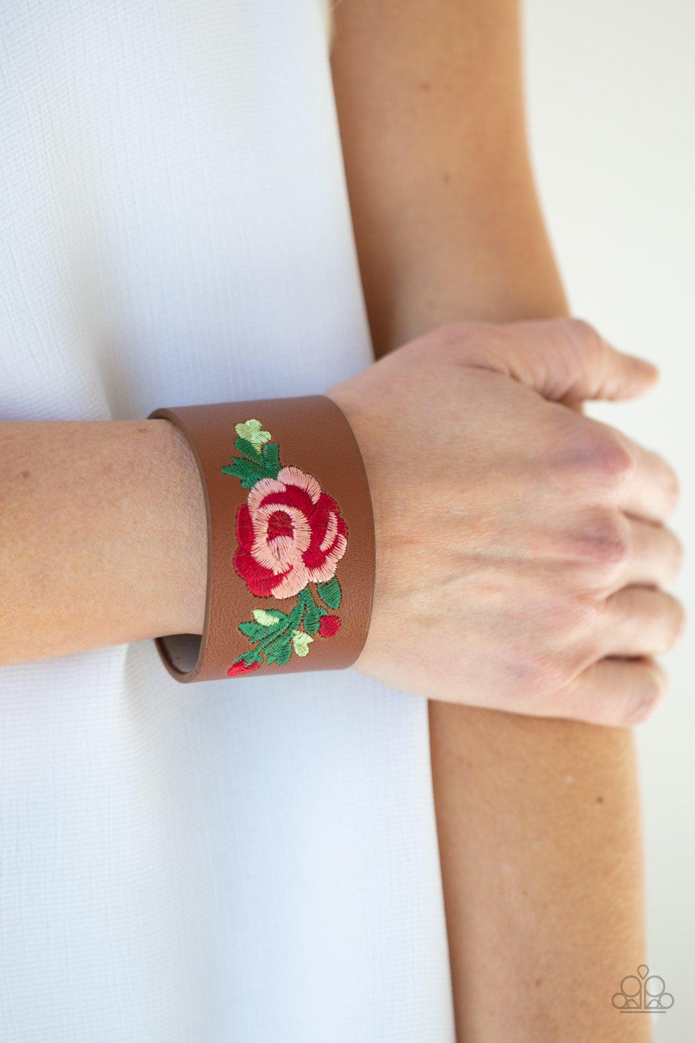 Rebel Rose Brown Leather and Red Rose Floral Urban Wrap Snap Bracelet - Paparazzi Accessories- lightbox - CarasShop.com - Paparazzi Jewelry by Cara Jewels
