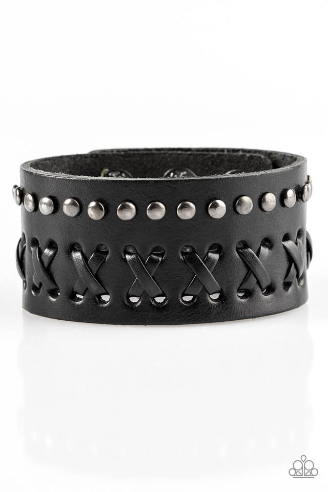 Recklessly Rebel Black Leather Urban Bracelet - Paparazzi Accessories- on model - CarasShop.com - Paparazzi Jewelry by Cara Jewels