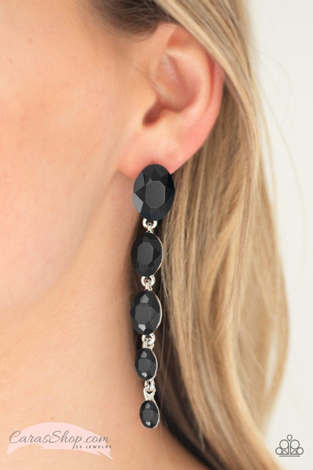 Red Carpet Radiance - Black Rhinestone Earrings - Paparazzi Accessories- on model - CarasShop.com - Paparazzi Jewelry by Cara Jewels
