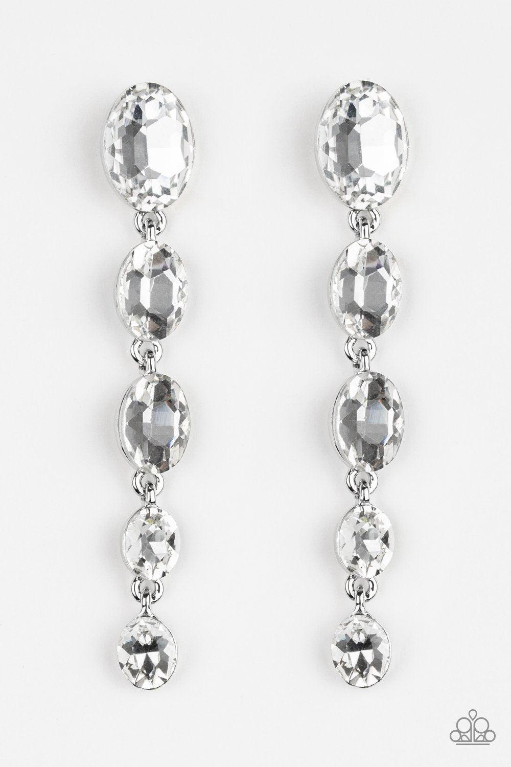 Red Carpet Radiance White Rhinestone Earrings - Paparazzi Accessories- lightbox - CarasShop.com - Paparazzi Jewelry by Cara Jewels