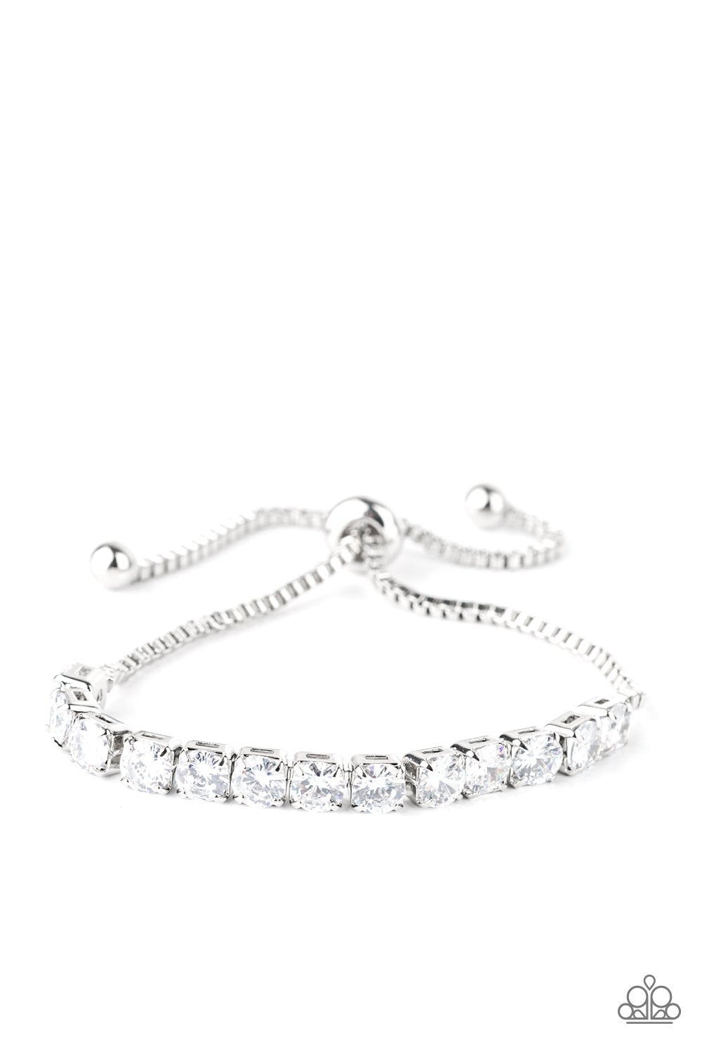 Red Carpet Rival White Rhinestone Slide Bracelet - Paparazzi Accessories- on model - CarasShop.com - Paparazzi Jewelry by Cara Jewels