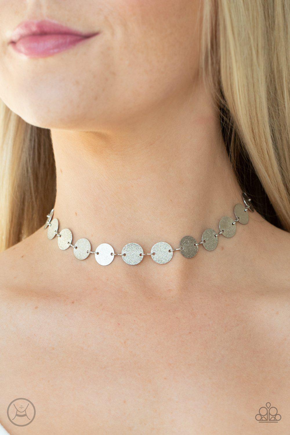 Reflection Detection Silver Choker Necklace - Paparazzi Accessories- on model - CarasShop.com - Paparazzi Jewelry by Cara Jewels